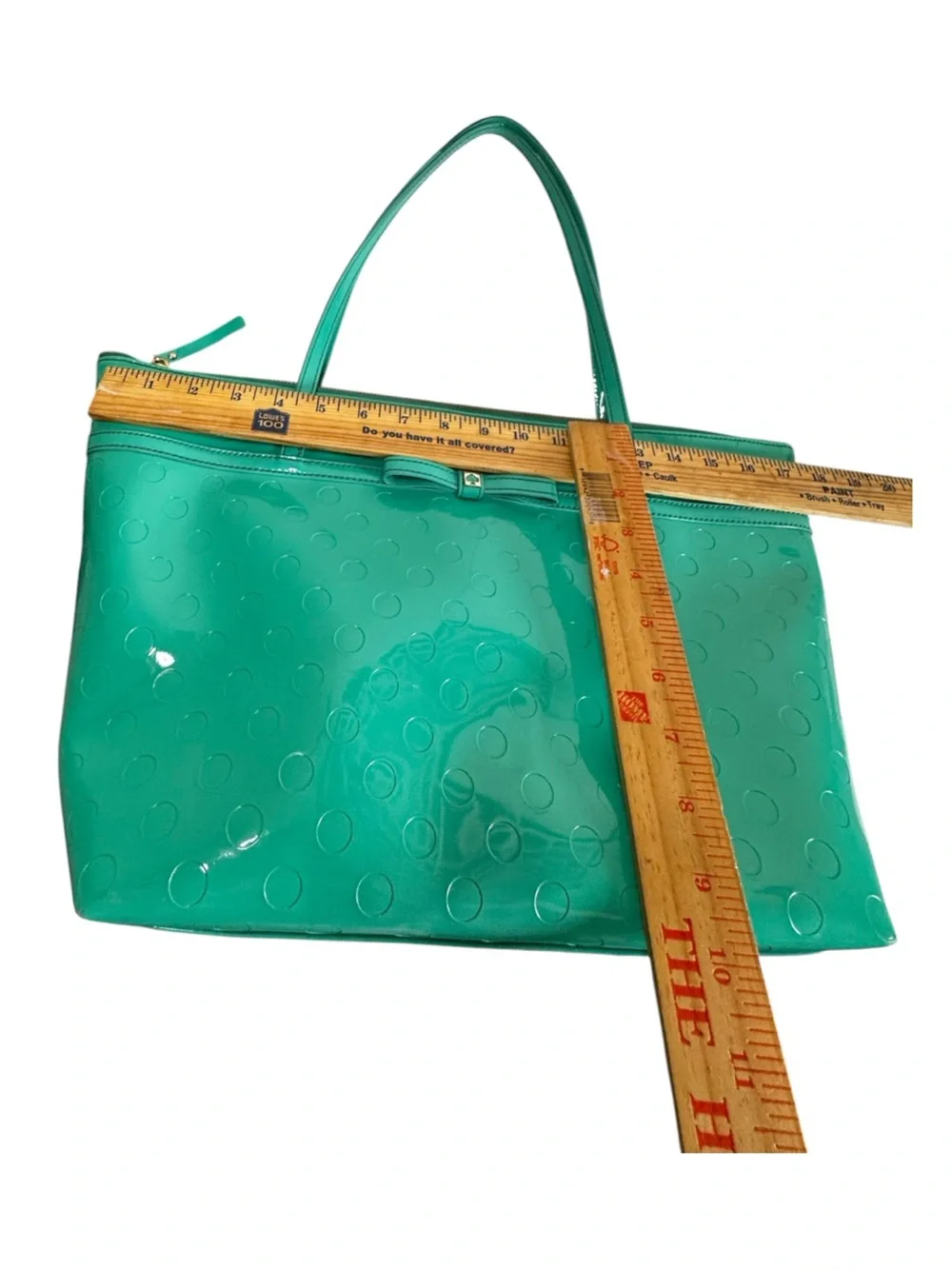 Kate Spade Teal Camellia Street Polka Dot Patent Leather Bow Accent Zip Tote Bag